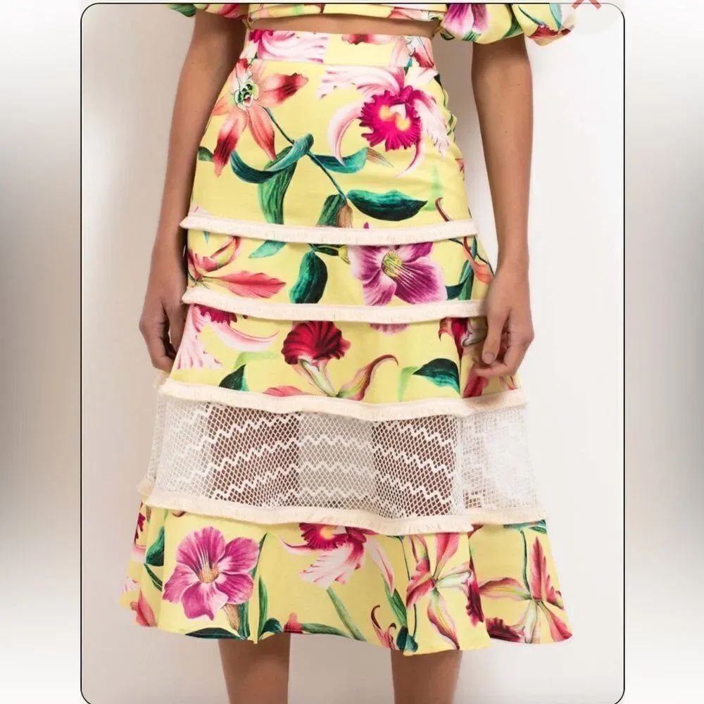 NWT PatBo LAELIA FRINGE TRIM MIDI SKIRT - CANARY Size 0
